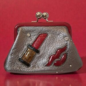 Brighton Vintage Lipstick Kiss Lock Coin Purse Silver/Red Leather Applique NWOT